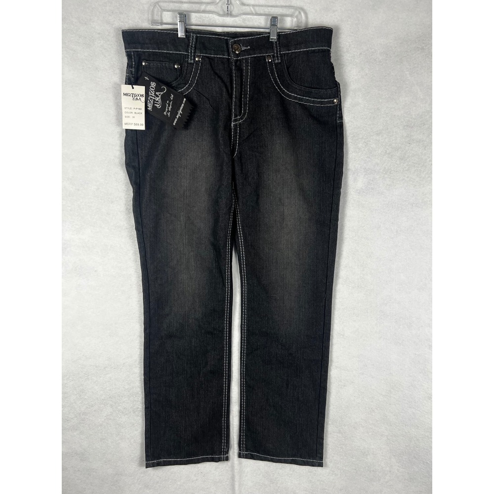 Meztizos USA Mens Black Denim Jeans Y2K Contrast Stitch Studded P-P160 Size 36